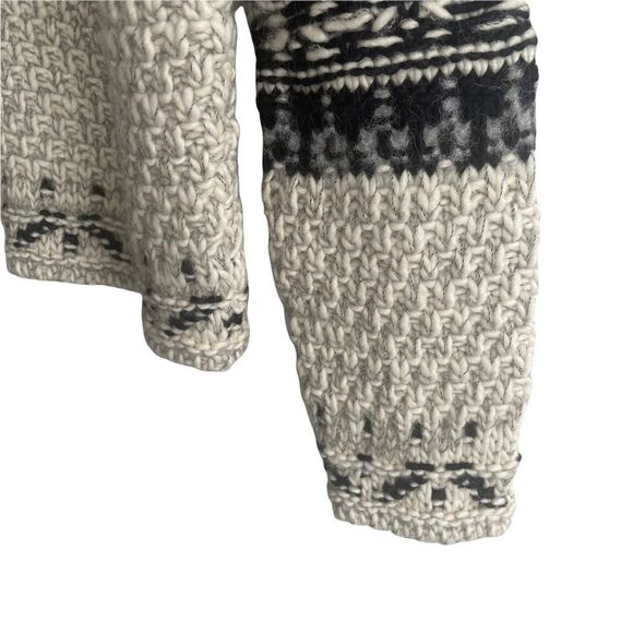 hand Knit Jacquard Link Chunky Knit Boat Neck Long Sleeve Sweater Ecru Black S - Picture 8 of 10